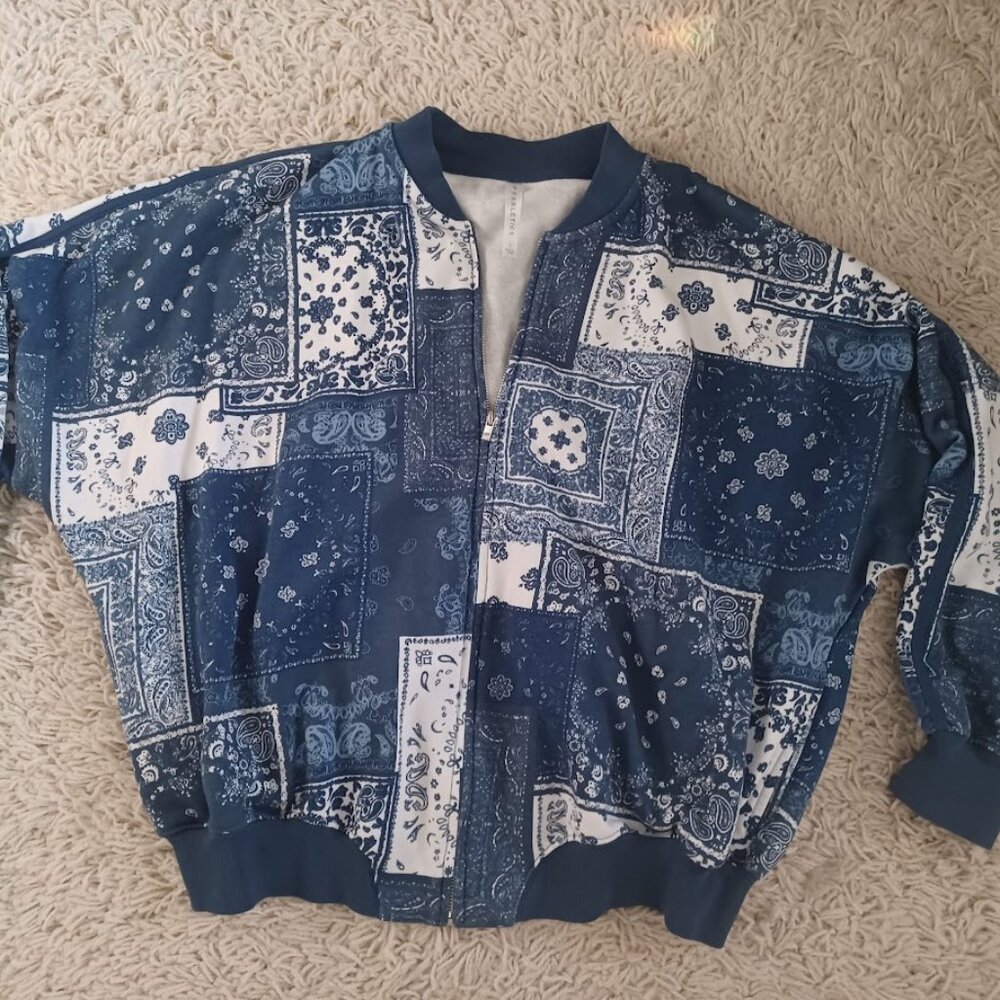 Fabletics Bomber Jacket Womens Large Blue Bandana Print Zip Up Athleisure